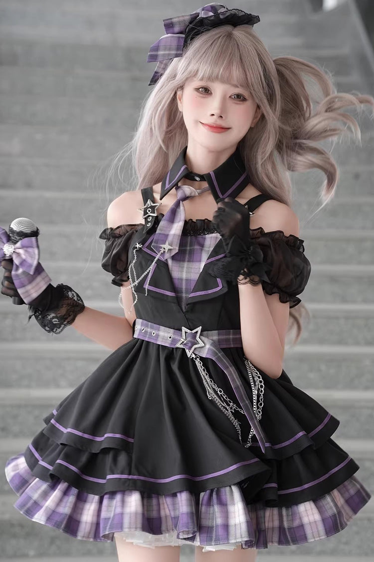 Purple [Dark Night Rose] Boat Neck Short Sleeves Multi-Layered Plaid Printed Ruffled Chain-Decorated Gothic Lolita Dress
