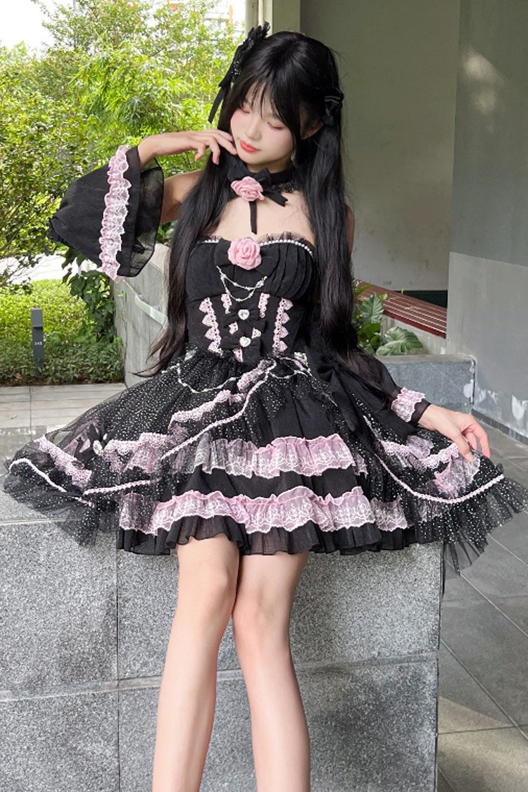 Black/Pink Galaxy Flower Language Multi-Layered Ruffle Bowknot Sweet Lolita Tube Top Dress
