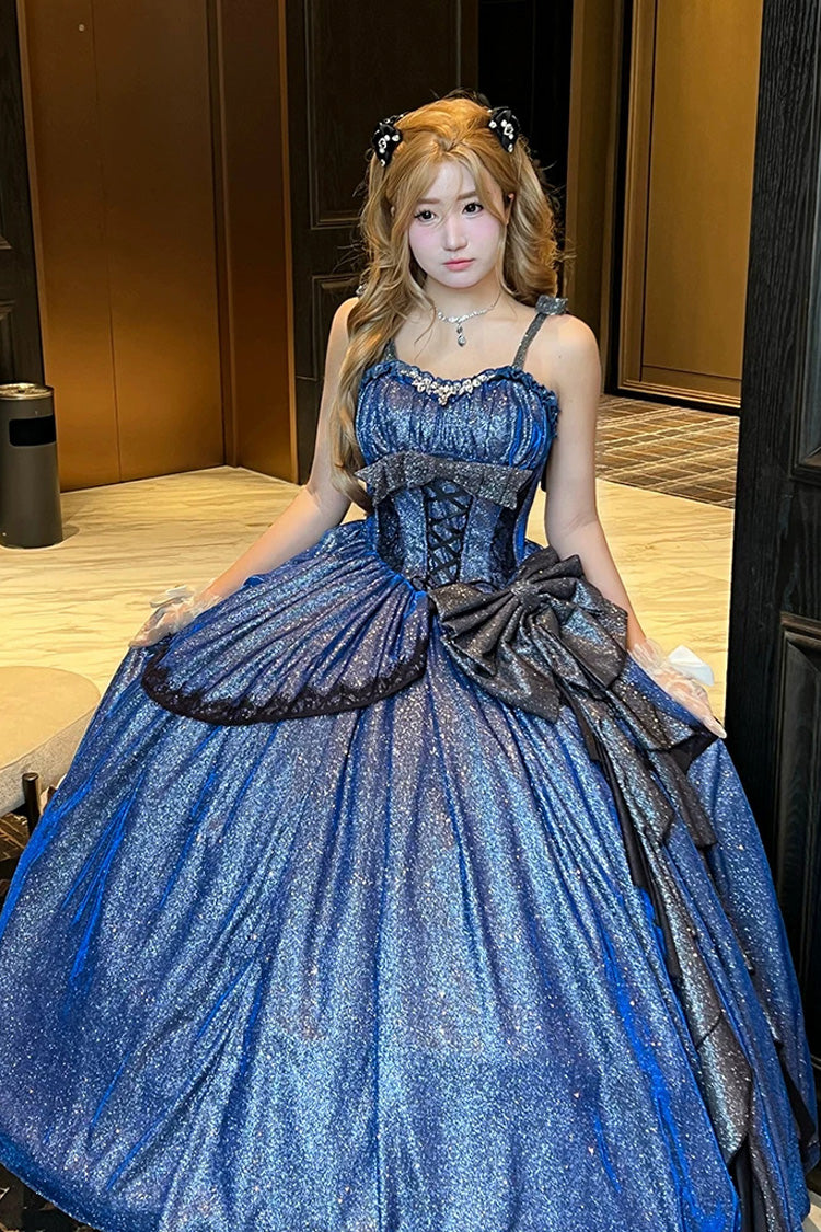 Blue [Galaxy of Fallen Tears] Sleeveless Glitter Series Ruffled Bow Asymmetric Sweet Lolita Jsk Dress
