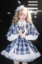 Blue [Little Starlight Idol] Lapel Collar Long Sleeves Double-Layered Printed Ruffled Bow Sweet Japanese Lolita Skirt Set