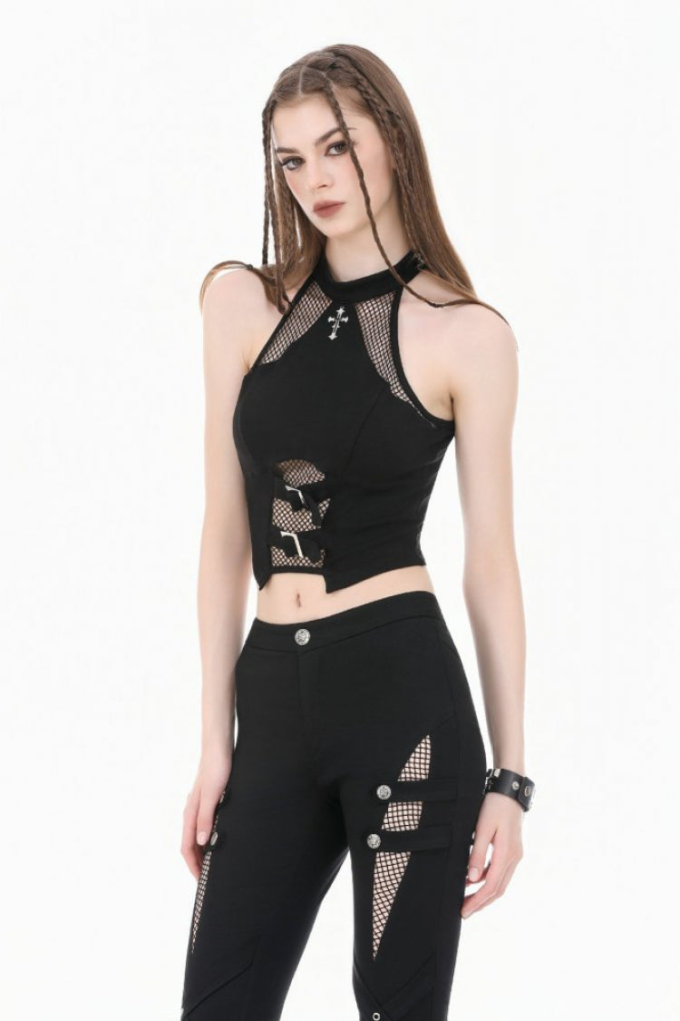 Black Women's Punk Halterneck Cross Double Buckled Waist Mesh Splice Tank Top