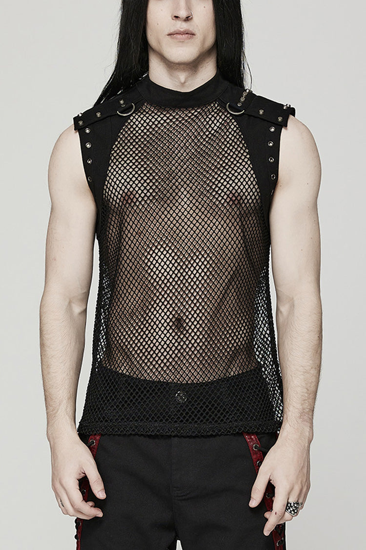 High Collar Sleeveless Rivet Decoration Sheer Mesh Men's Steampunk Vest 2 Colors