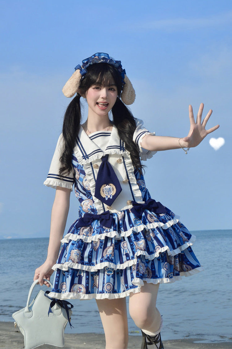 Blue [Glory of the Dog] Navy Collar Short Sleeves Low Waisted Triple-Layered Printed Ruffled Bow Sweet Lolita Dress