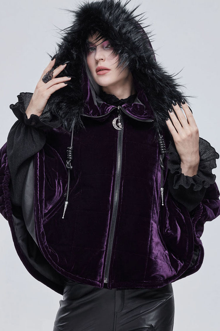 Purple Gothic Quilted Velvet Collar Crescent Pendant Zipper Warm Women's Shawl