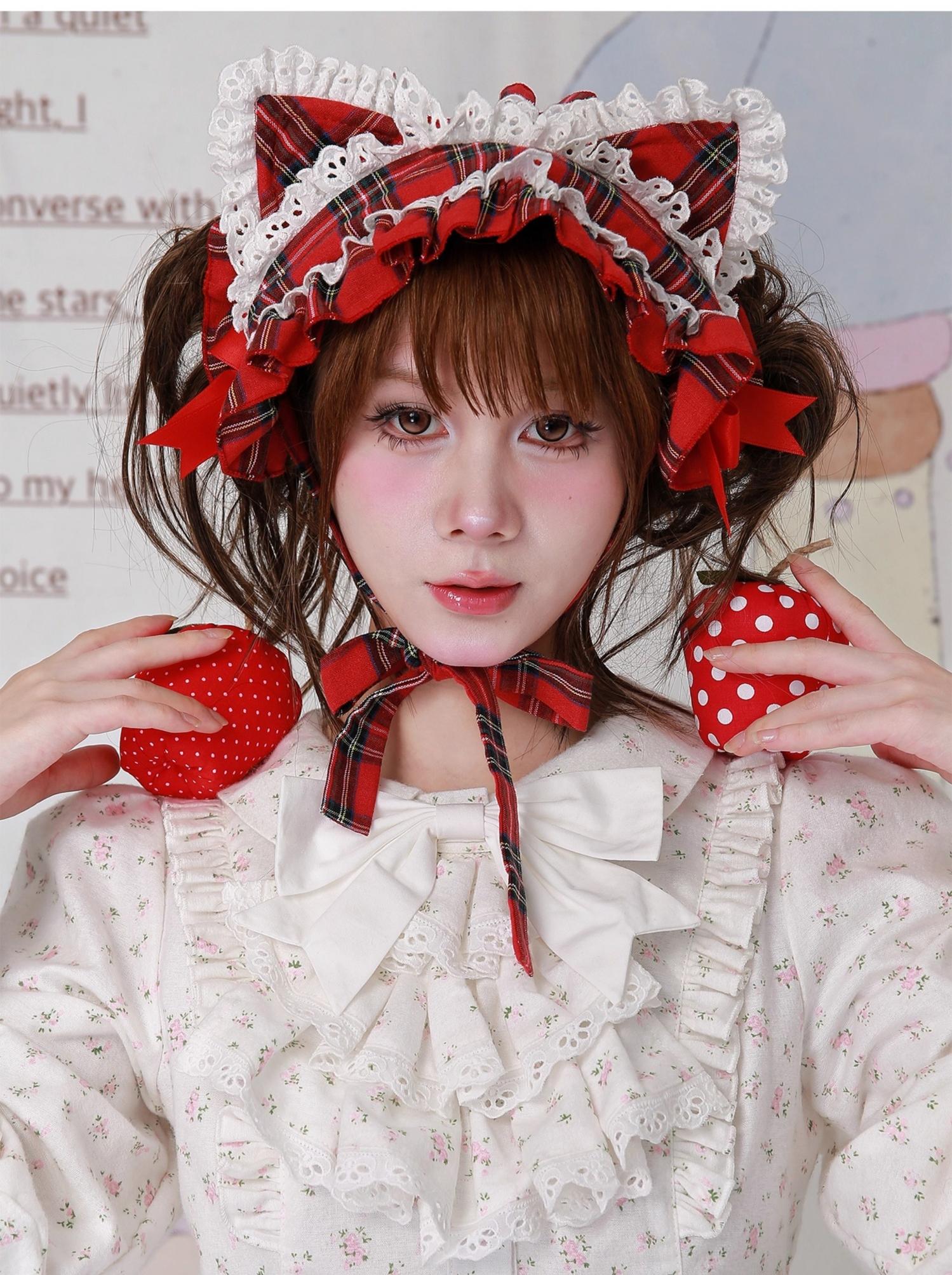 SOS MEME CLUB - Christmas Sweet Lolita Hairband, Red Plaid Cat Ear