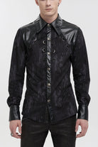 Black Ribbed Metal Chain Hand-Painted Velveteen Paneled Leather Men's Punk Shirt