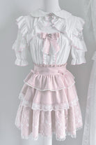 White/Pink Short Sleeves Triple-Layered Ruffle Bowknot Lace Jirai Kei Japanese Skirt Set
