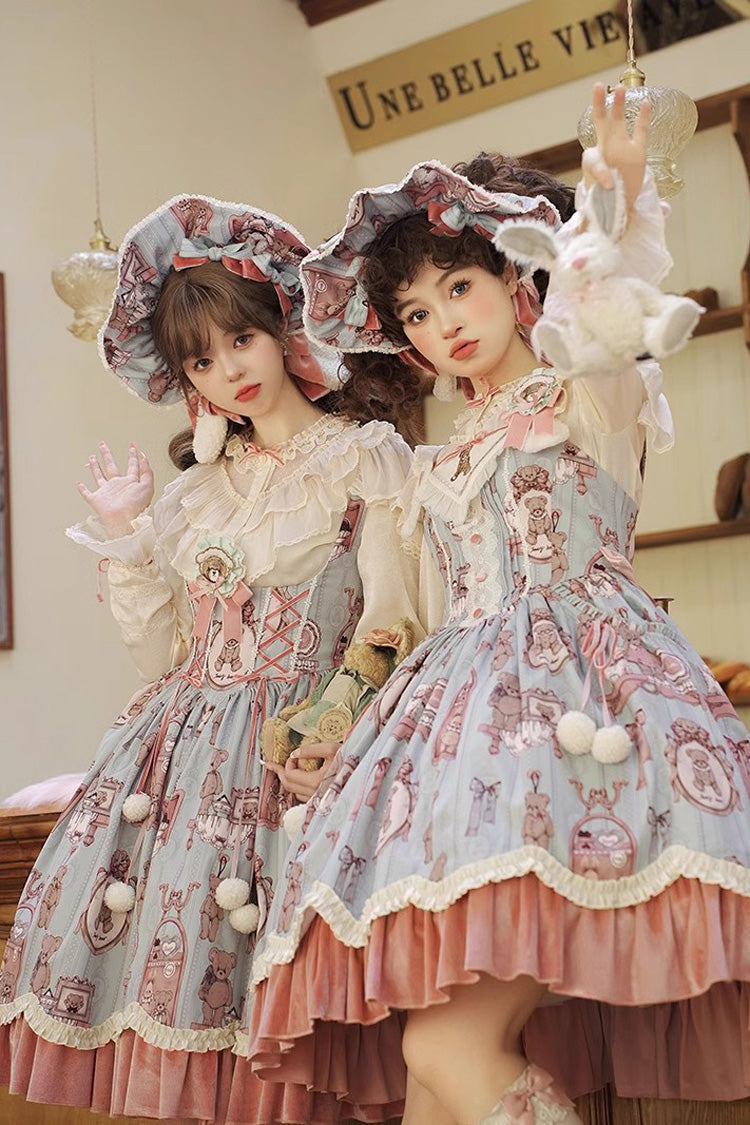 Pink/Green Bear Doll Wall Print Ruffle Embroidery Bowknot Sweet Corset Lolita Jsk Dress