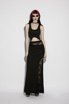 Black Cut-Out Rose Lace Splice Side Slit Asymmetric Women's Gothic Skirt