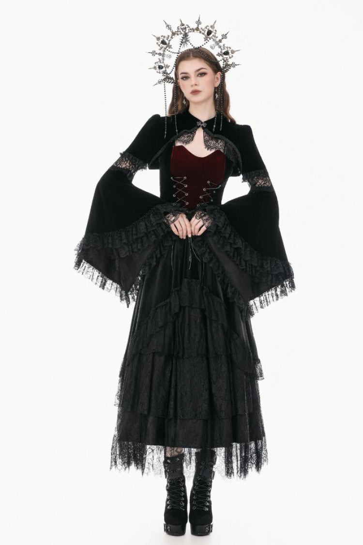 Black Keyhole Mandarin Collar Long Flare Sleeves Velvet Splice Lace Women's Gothic Shrug