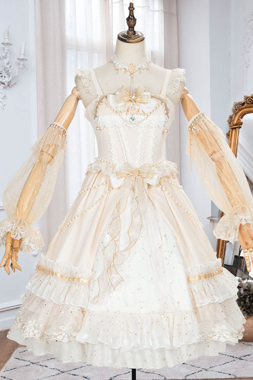 White Starry Night Square Collar Bowknot Multi-Layer Ruffled Cardigan Sweet Lolita JSK Dress
