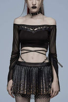 Black Gothic Elasticity Cotton Hollow Buttonhole Strap Design Slash Neck Women's T-Shirt