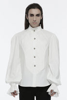 White Stand Collar Long Puff Sleeves Crochet Men's Gothic Blouse