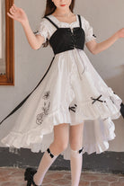 White Square Collar Short Sleeves Floral Embroidery High Waisted Cardigan Sweet Lolita OP Dress