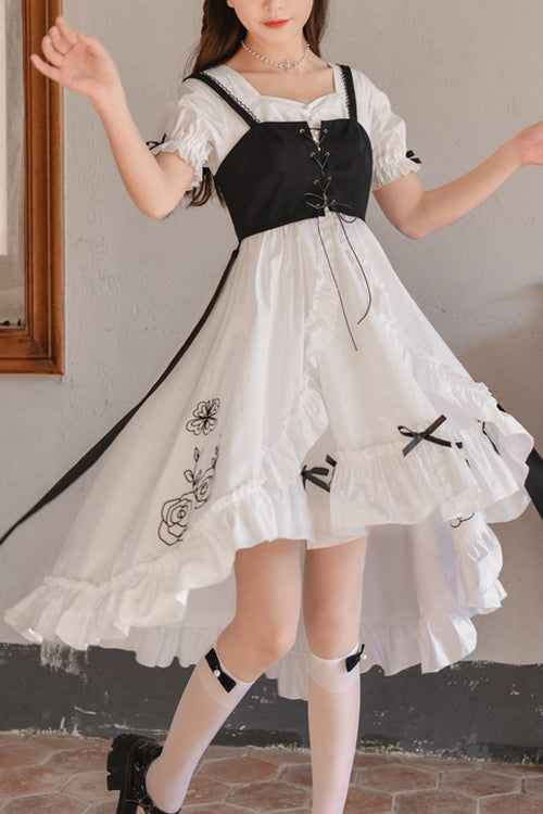 White Square Collar Short Sleeves Floral Embroidery High Waisted Cardigan Sweet Lolita OP Dress
