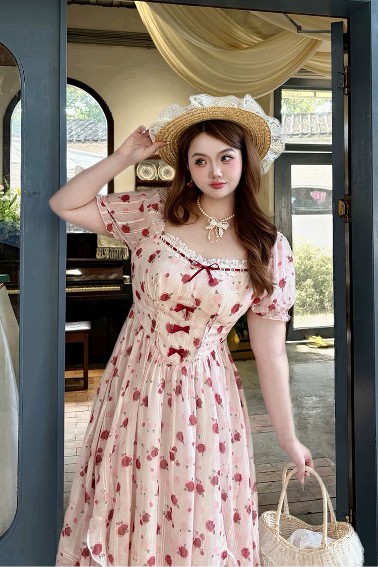 Pink Square Collar Short Sleeves High Waisted Rose Printed Ruffled Sweet Plus Size Lolita Dress