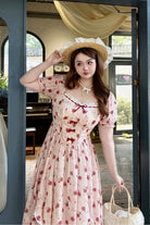 Pink Square Collar Short Sleeves High Waisted Rose Printed Ruffled Sweet Plus Size Lolita Dress