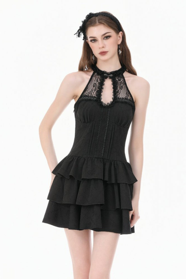 Black Off Shoulder Lace Halterneck Triple-Layered Ruffled Cut-Out Lace-Up Women's Gothic Dress