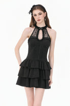 Black Off Shoulder Lace Halterneck Triple-Layered Ruffled Cut-Out Lace-Up Women's Gothic Dress