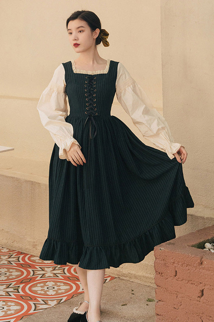 French Country Square Collar Long Sleeves Striped Printed Ruffled Lace-Up Classic Vintage Lolita Dress 2 Colors