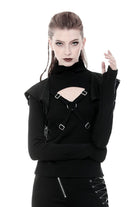 Black Women's Punk Long Sleeves Cut-Out Cross Connection Front Hooded Top