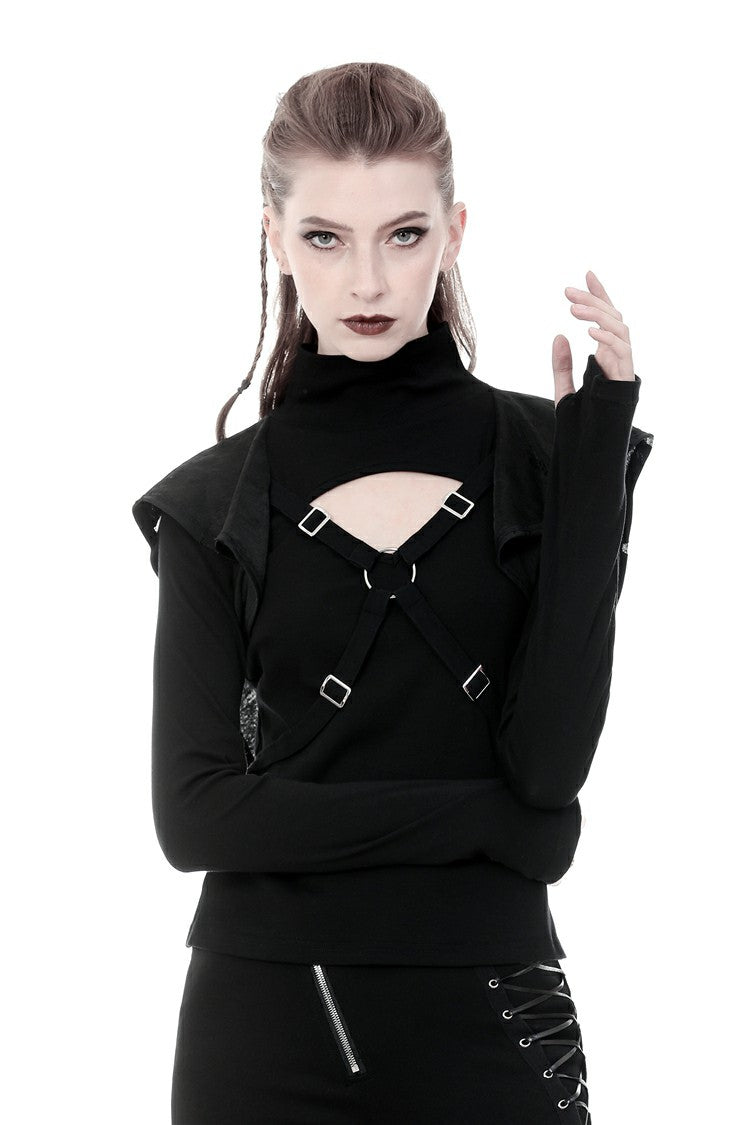 Black Women's Punk Long Sleeves Cut-Out Cross Connection Front Hooded Top