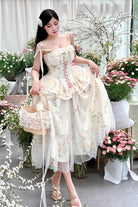 Off White Spring Bouquets Romantic Ruffle Embroidery Bowknot Mesh Sweet Lolita Jsk Dress
