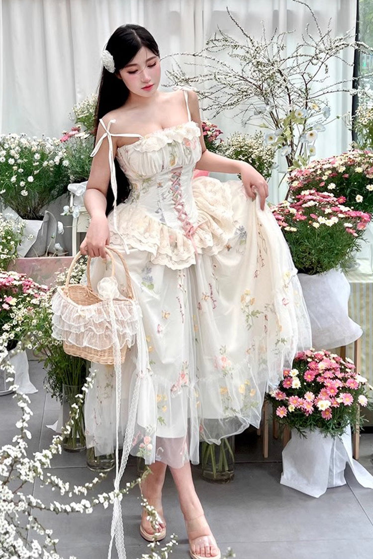 Off White Spring Bouquets Romantic Ruffle Embroidery Bowknot Mesh Sweet Lolita Jsk Dress