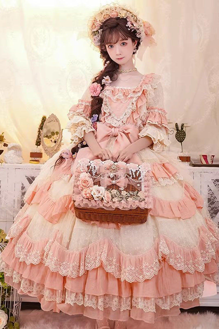 Pink [Floral Garden] Cottagecore Style Square Collar Short Sleeves Multi-Layered Ruffled Hanayome Bow Lace Sweet Plus Size Gorgeous Lolita Jsk Dress