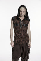 Black/Coffee  Sleeveless Spliced Lace-Up Hooded Mesh Pearl-Decorated Eyelet Men's Punk T-Shirt