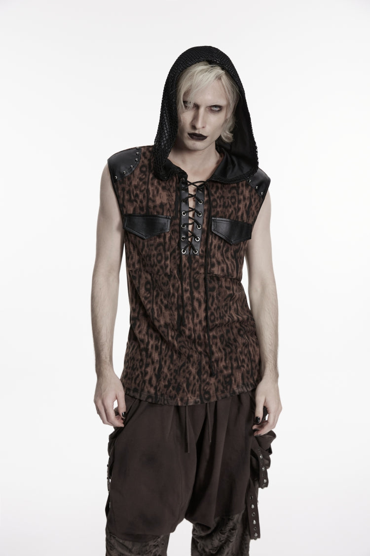 Black/Coffee  Sleeveless Spliced Lace-Up Hooded Mesh Pearl-Decorated Eyelet Men's Punk T-Shirt