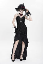 Black Sleeveless Cross Ruffled Floral Embroidered Chain-Decorated Women's Gothic Long Slip Dress