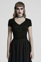 Black Short Sleeves Jacquard Floral Embroidery Women's Gothic Blouse