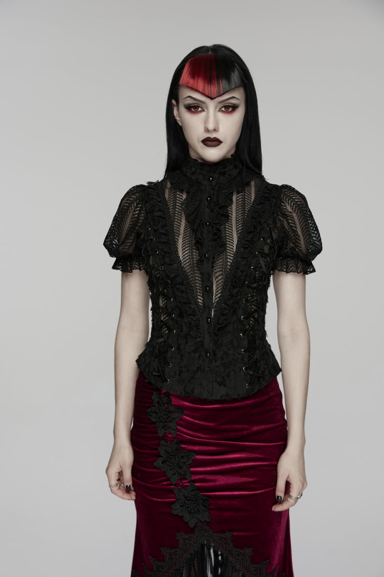 Black Stand Collar Short Sleeves Ruffled Cut-Out Embroidered Lace Women's Gothic Blouse