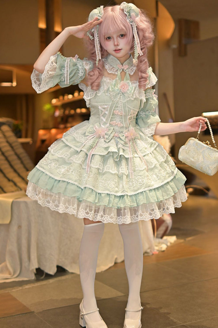 Green [Rain of Peaches] Sleeveless Multi-Layered Bowknot Lace Sweet Chinese Style Lolita Jsk Dress