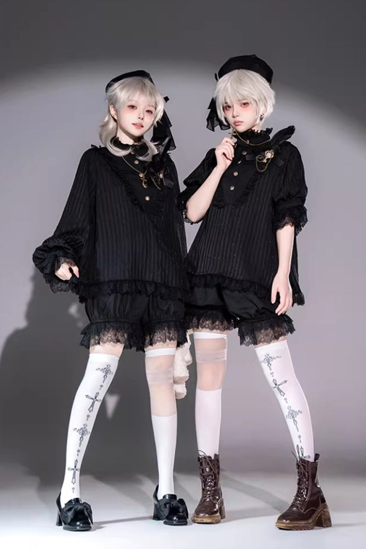 Black Stand Collar Long Short Sleeves Printed Ruffled Lace Gothic Ouji Lolita Set 2 Versions
