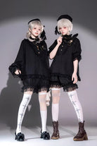 Black Stand Collar Long Short Sleeves Printed Ruffled Lace Gothic Ouji Lolita Set 2 Versions