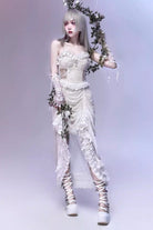 White [Redemption of the Deity] Drawstring Ruffle Embroidery Lace Pleated Gothic Lolita Jsk Dress