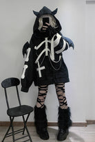 Black Devil Wings Long Sleeves Yabi Chain Bones Hooded Gothic Jirai Kei Coat