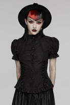 Black Stand Collar Short Puff Sleeves Ruffled Lace-Up Women's Gothic Blouse