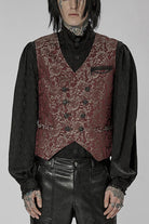 Red Punk Gorgeous V Neck Asymmetrical Relief Sculpture Jacquard Double Row Hand Seam Button Men's Vest