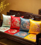 Oriental Imperial Peony & Longevity Symbol Embroidered Satin Cushion Covers
