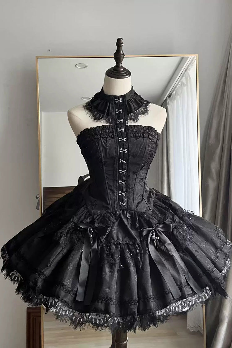 Black [Silver Moon Thorn] Off Shoulder Sleeveless Jacquard Ruffled Bow Patchwork Lace Gothic Lolita Skirt Two-piece Set