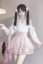 White/Pink [Dreamy Love Ballad] Lapel Collar Long Sleeves Double-Layered Ruffled Cut-Out Bow Gothic Japanese Jirai Kei Skirt Set