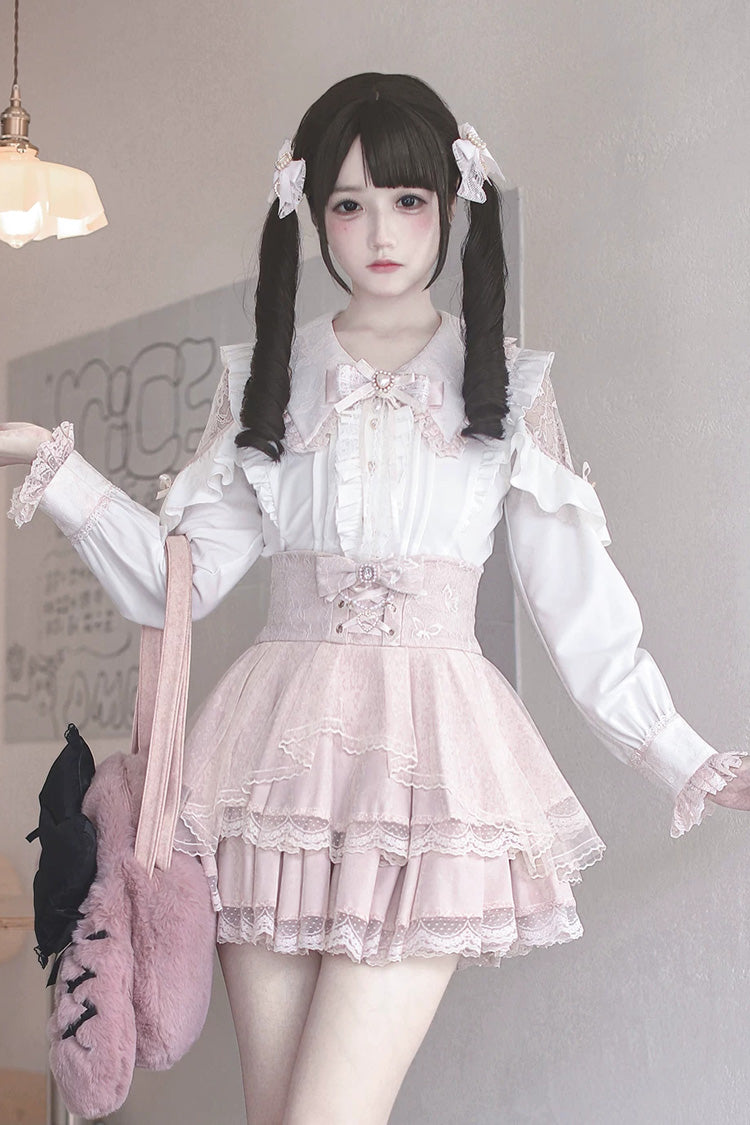 White/Pink [Dreamy Love Ballad] Lapel Collar Long Sleeves Double-Layered Ruffled Cut-Out Bow Gothic Japanese Jirai Kei Skirt Set