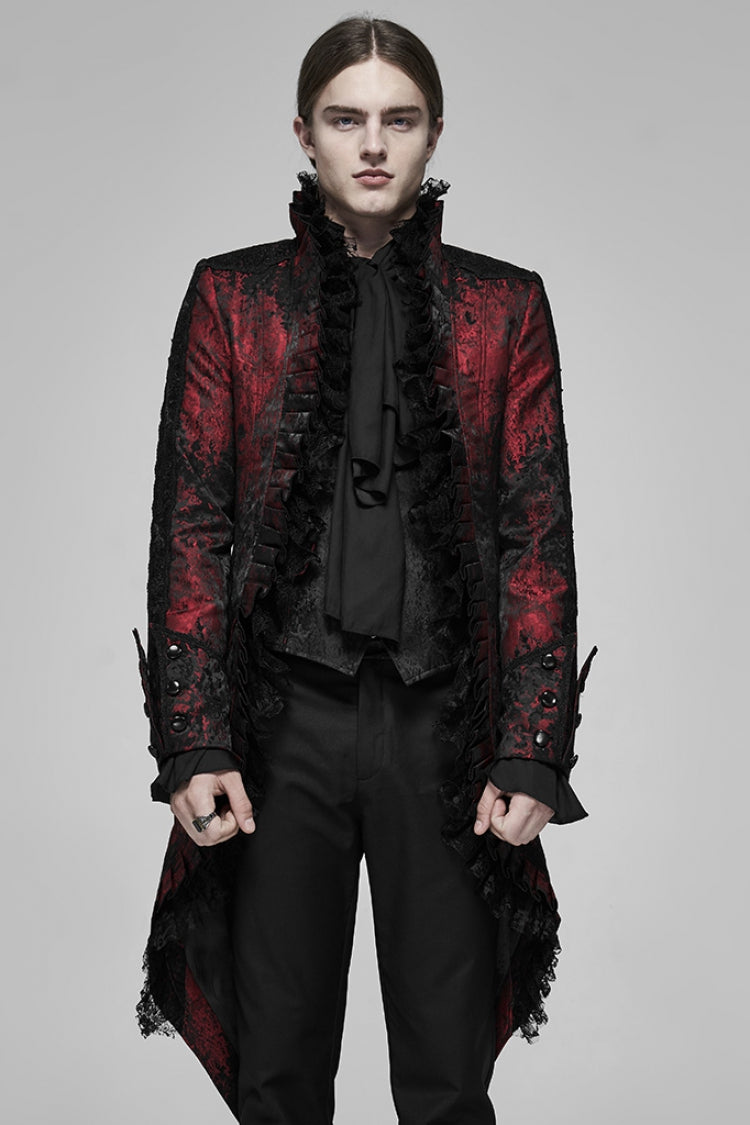 Black/Red Long Sleeves Lace Gorgeous Men's Gothic Vintage Tuxedo Coat