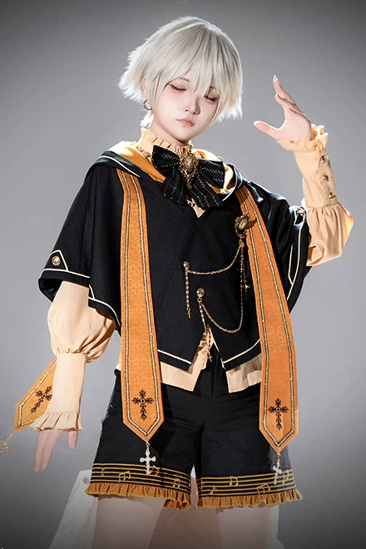 Black/Orange [The Choir Of The Church] Stand Collar Long Sleeves Bow Chain-Decorated Ouji Gothic Prince Lolita Pumpkin Shorts Set
