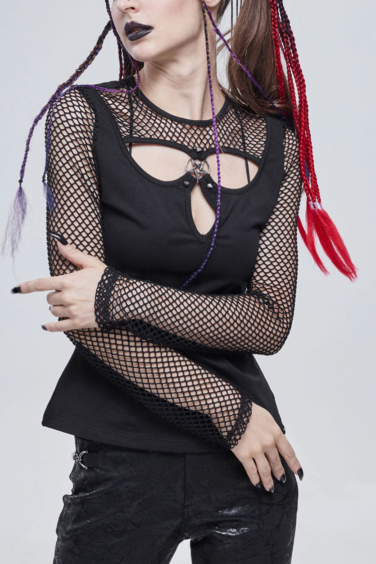 Black Punk Knitted Cotton Stitching Mesh Yarn Deep V Basic Style Metal Pentagram Decoration Women's T-Shirt
