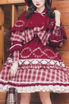 Red Retro Lantern Long Sleeves Plaid Stitching Bowknot Ruffled Tiered Sweet Lolita OP Dress