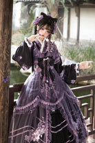 Purple [Violet Gauze Lily] Stand Collar Long Sleeves Ruffled Embroidered Bow Classic Chinese Style Elegant Gorgeous Lolita Dress Set